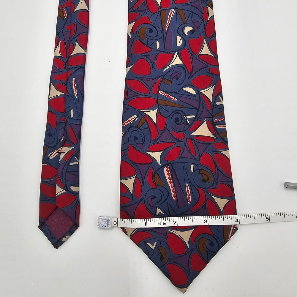 1990s vintage SWING Mens 100% Silk Necktie Blue Red Abstract Pattern